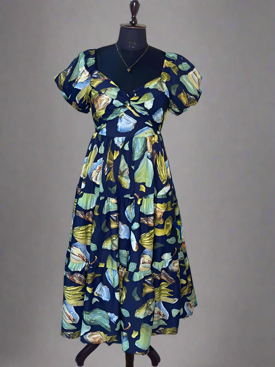 Blue Printed Tiered Dress