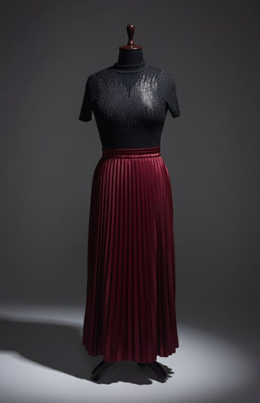 Maroon Satin Pleated Skirt