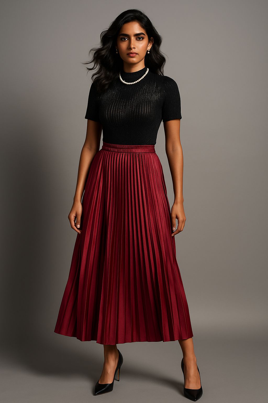 Maroon Satin Pleated Skirt