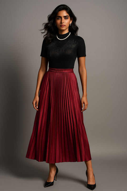 Maroon Satin Pleated Skirt
