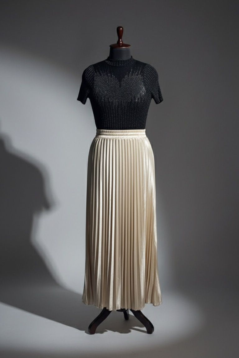 Beige Satin Pleated Skirt