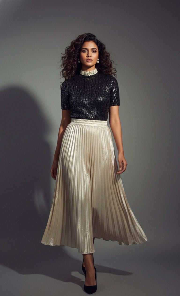 Beige Satin Pleated Skirt