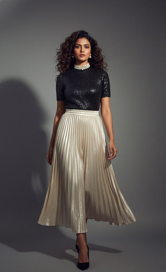 Beige Satin Pleated Skirt
