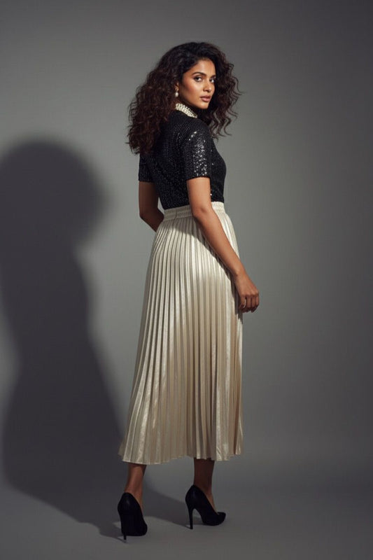 Beige Satin Pleated Skirt