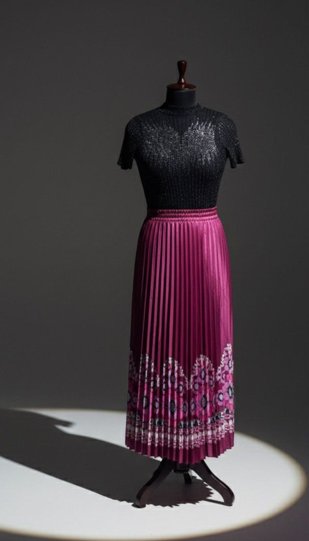 Fuschia Printed Pleated Satin Skirt