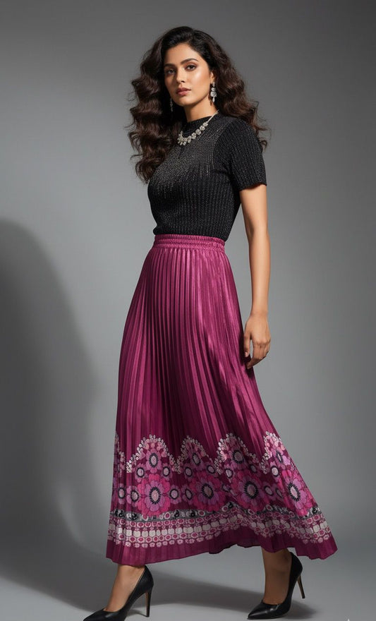 Fuschia Printed Pleated Satin Skirt