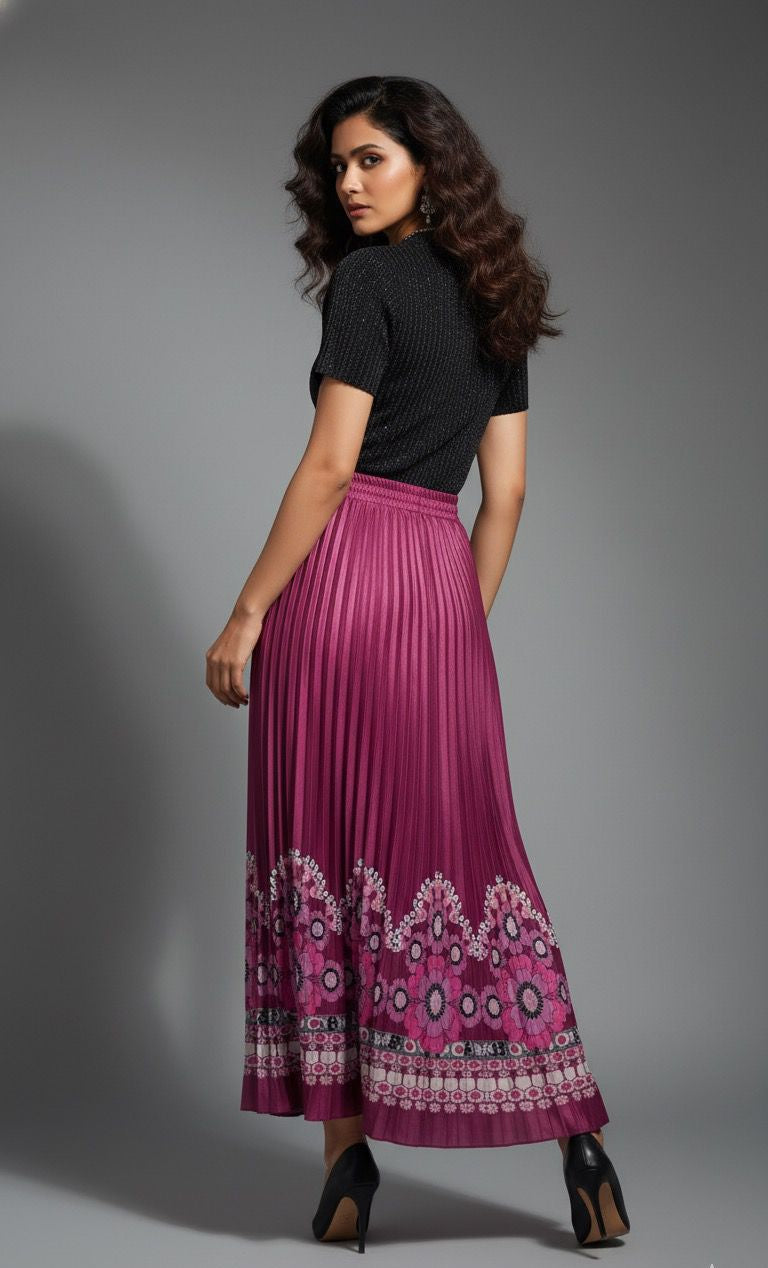 Fuschia Printed Pleated Satin Skirt