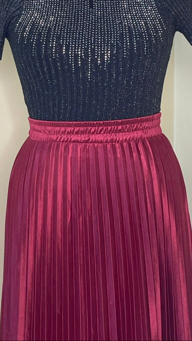 Maroon Satin Pleated Skirt