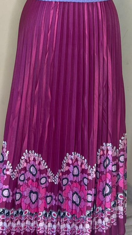 Fuschia Printed Pleated Satin Skirt