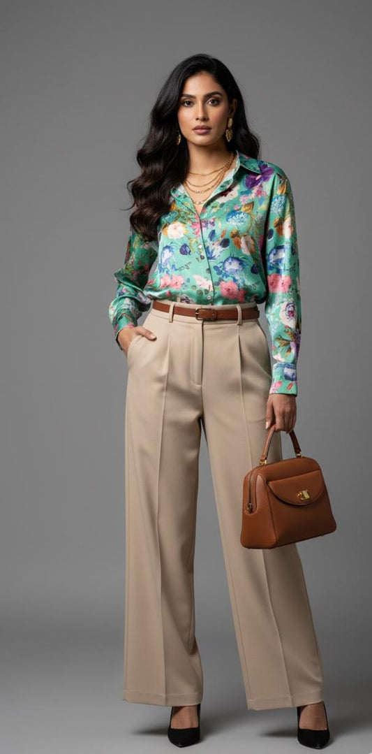 Green Floral Satin Shirt