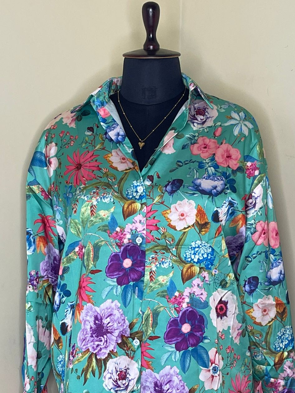Green Floral Satin Shirt