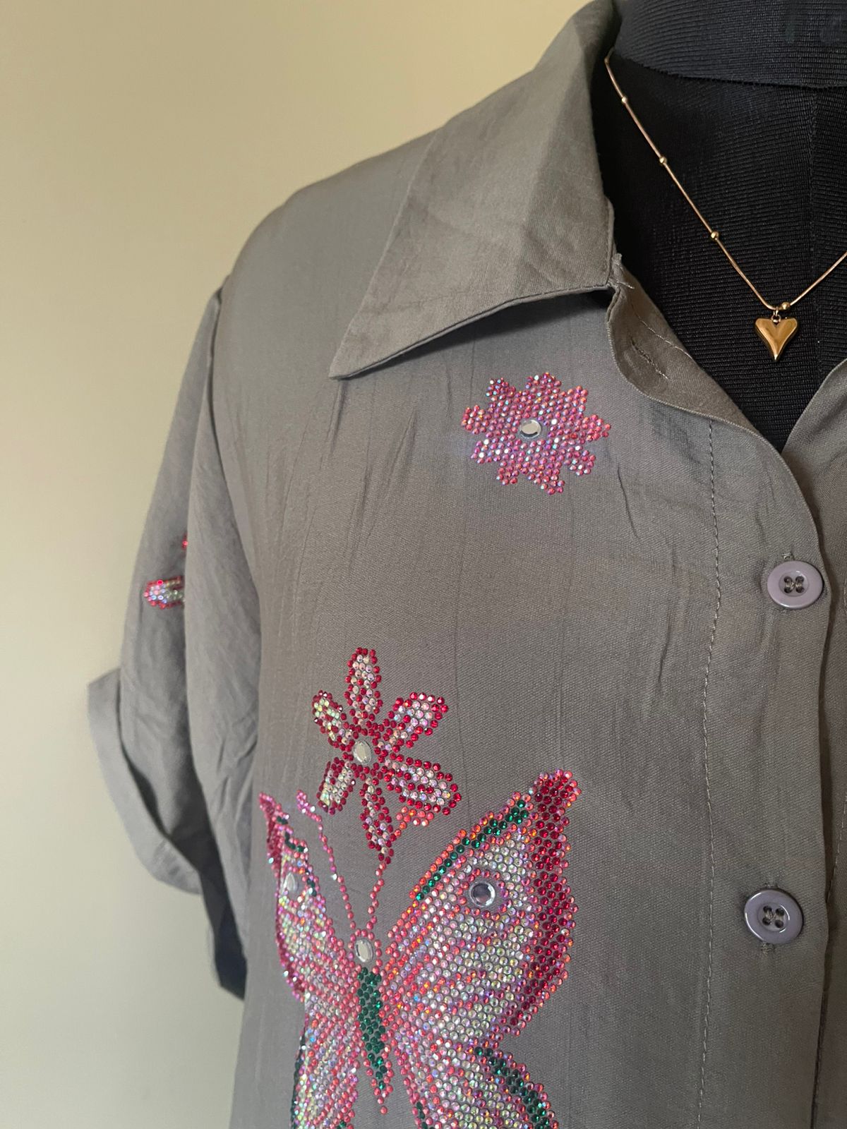 Olive Green Sequins Shirt Dress