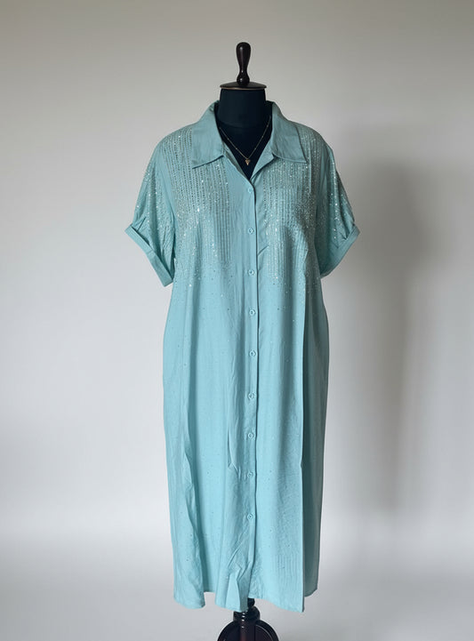 Mint Blue Sequins Shirt Dress