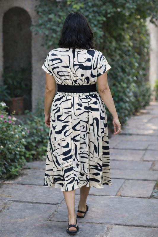 Creme-Black Abstract Dress