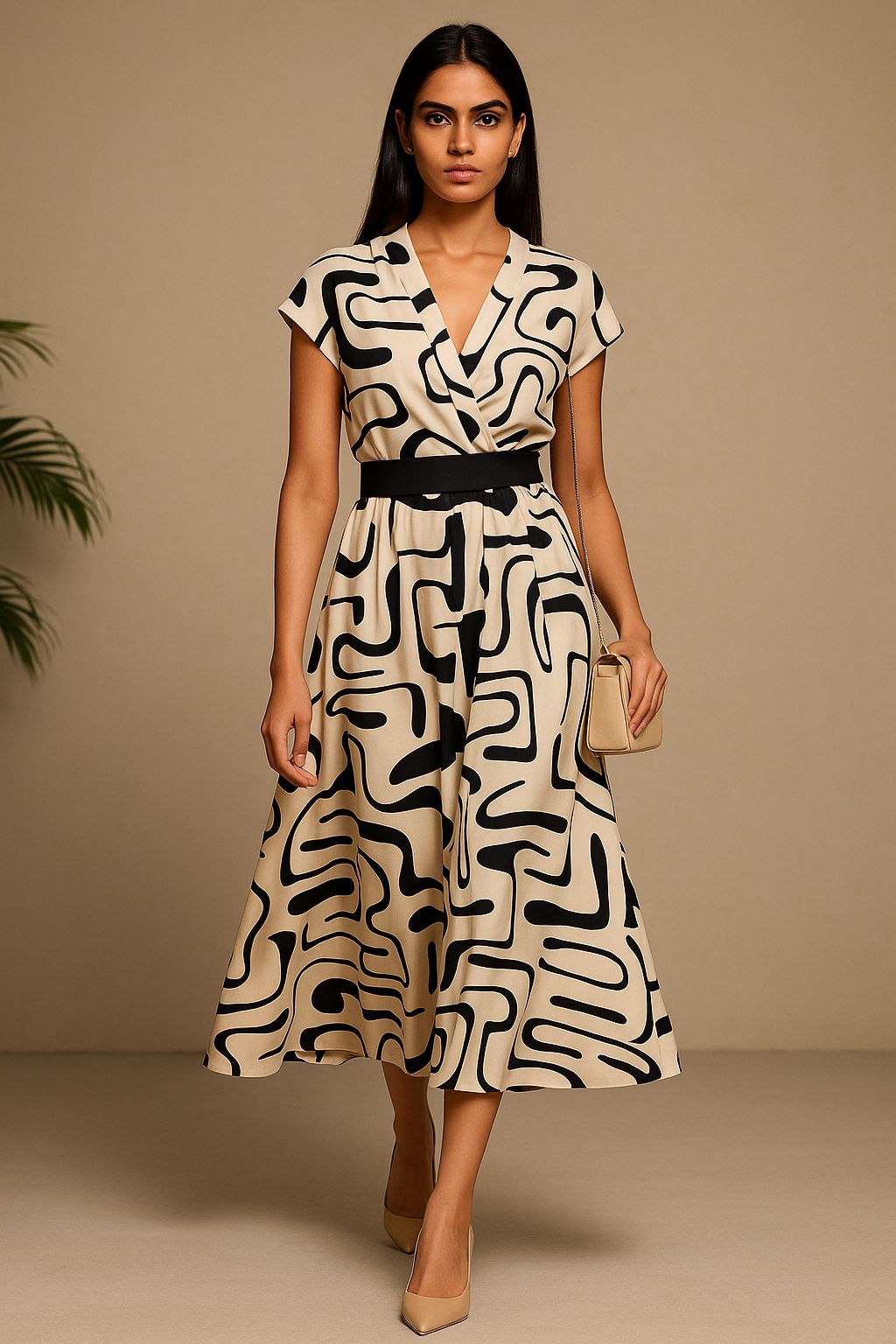 Creme-Black Abstract Dress