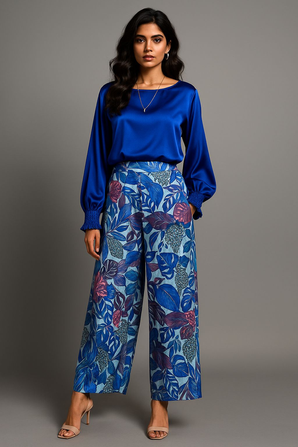 Blue Satin Printed Cordset