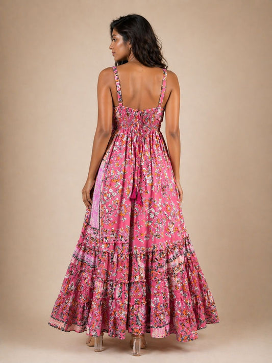 Floral Mauve Tiered Silk Dress