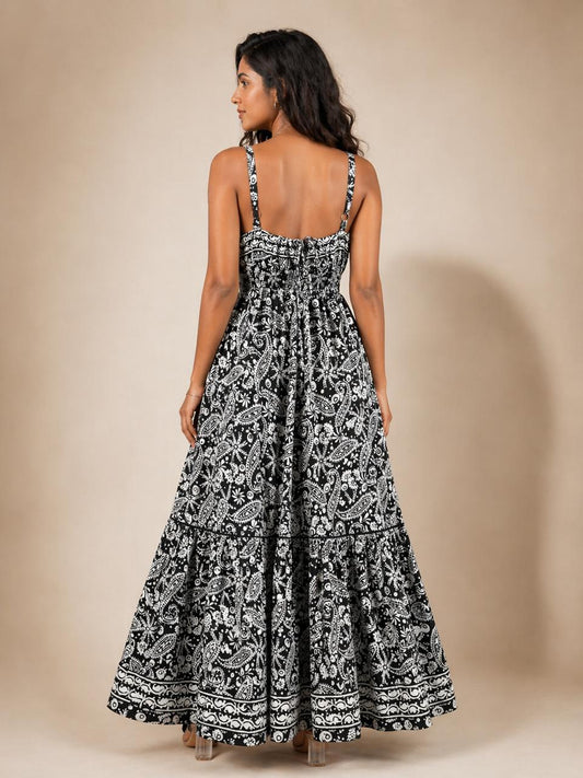 Paisley Black Tiered Silk Dress