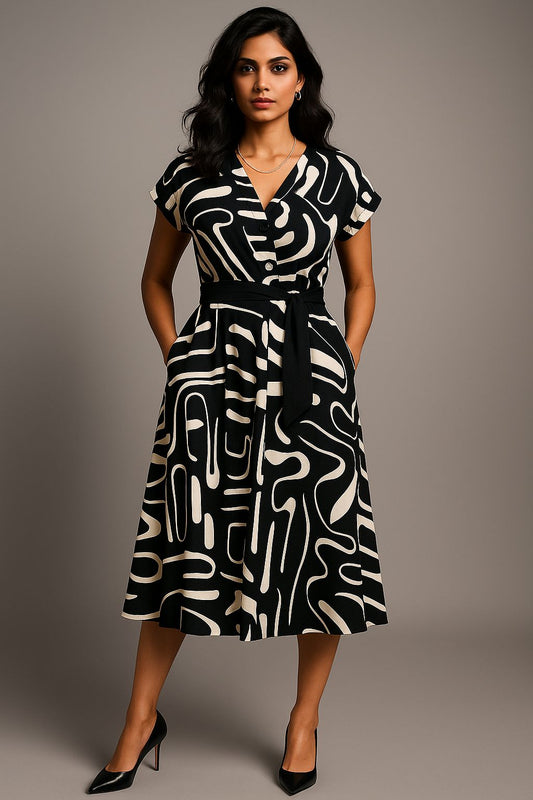 Black-Creme Abstract Dress