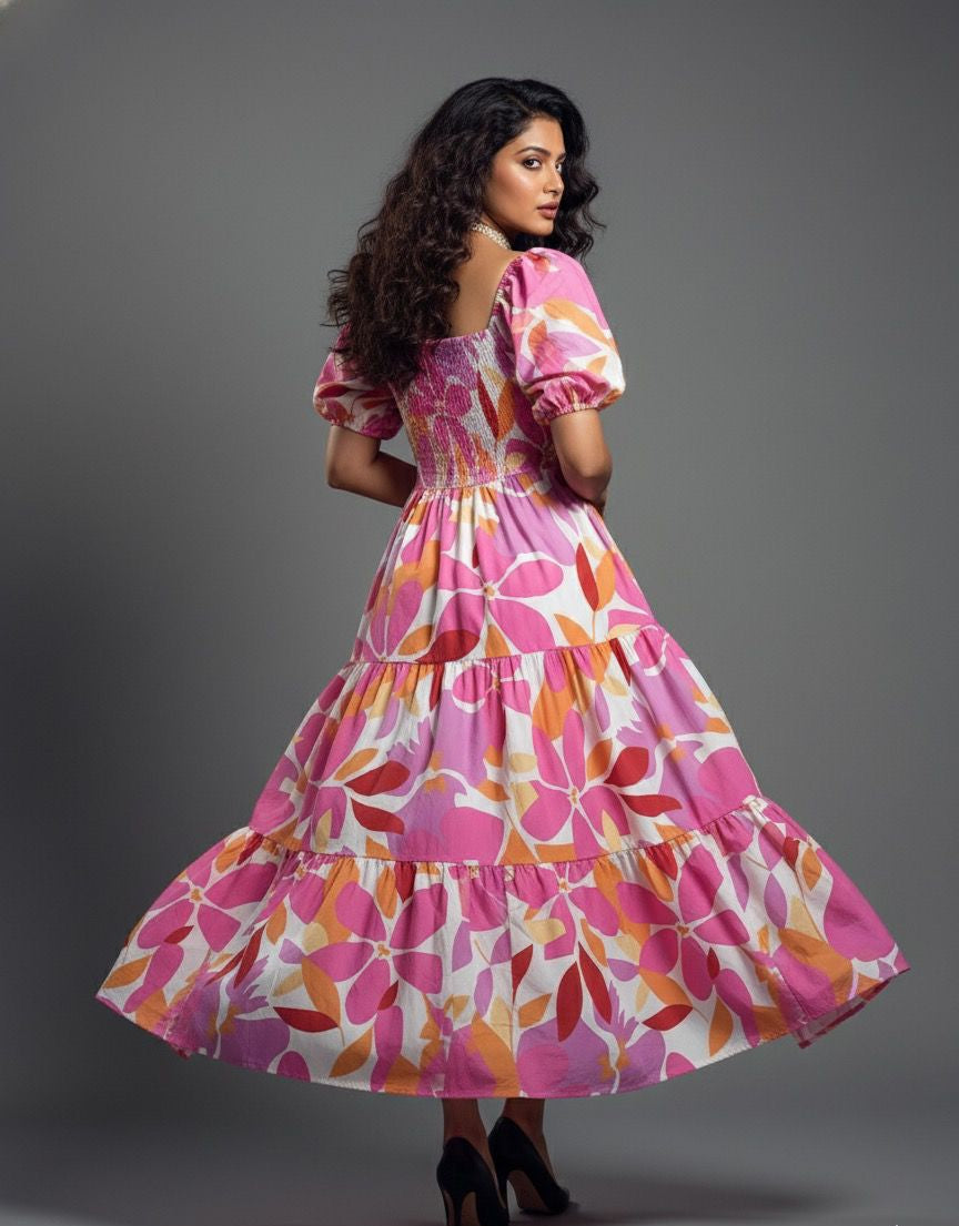 Pink Printed Tiered Dress