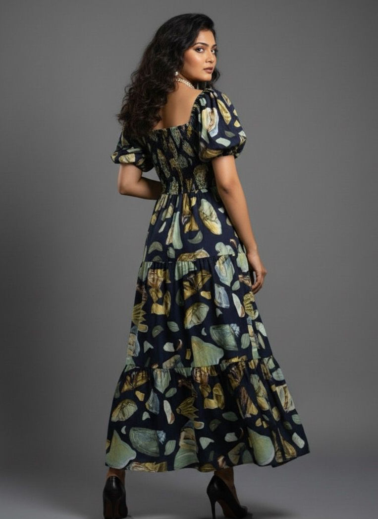 Blue Printed Tiered Dress
