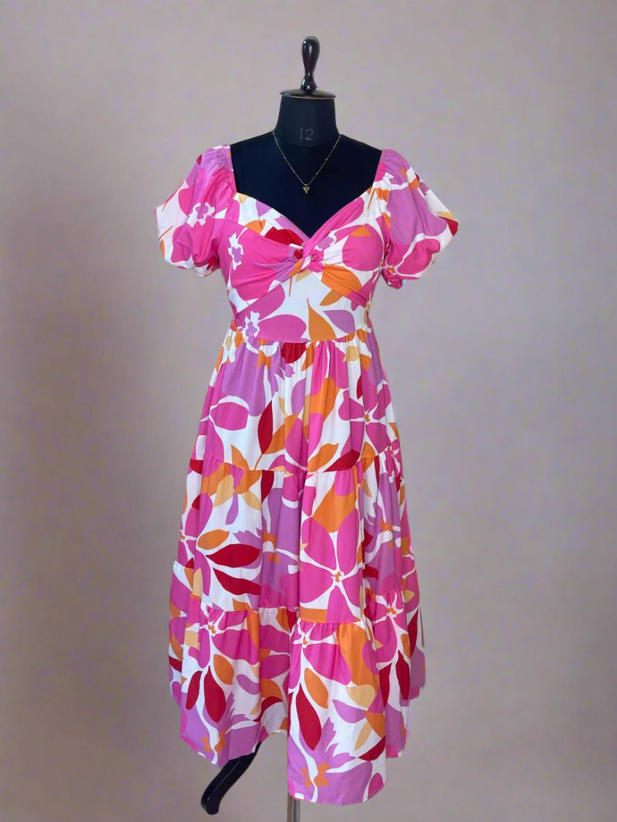 Pink Printed Tiered Dress