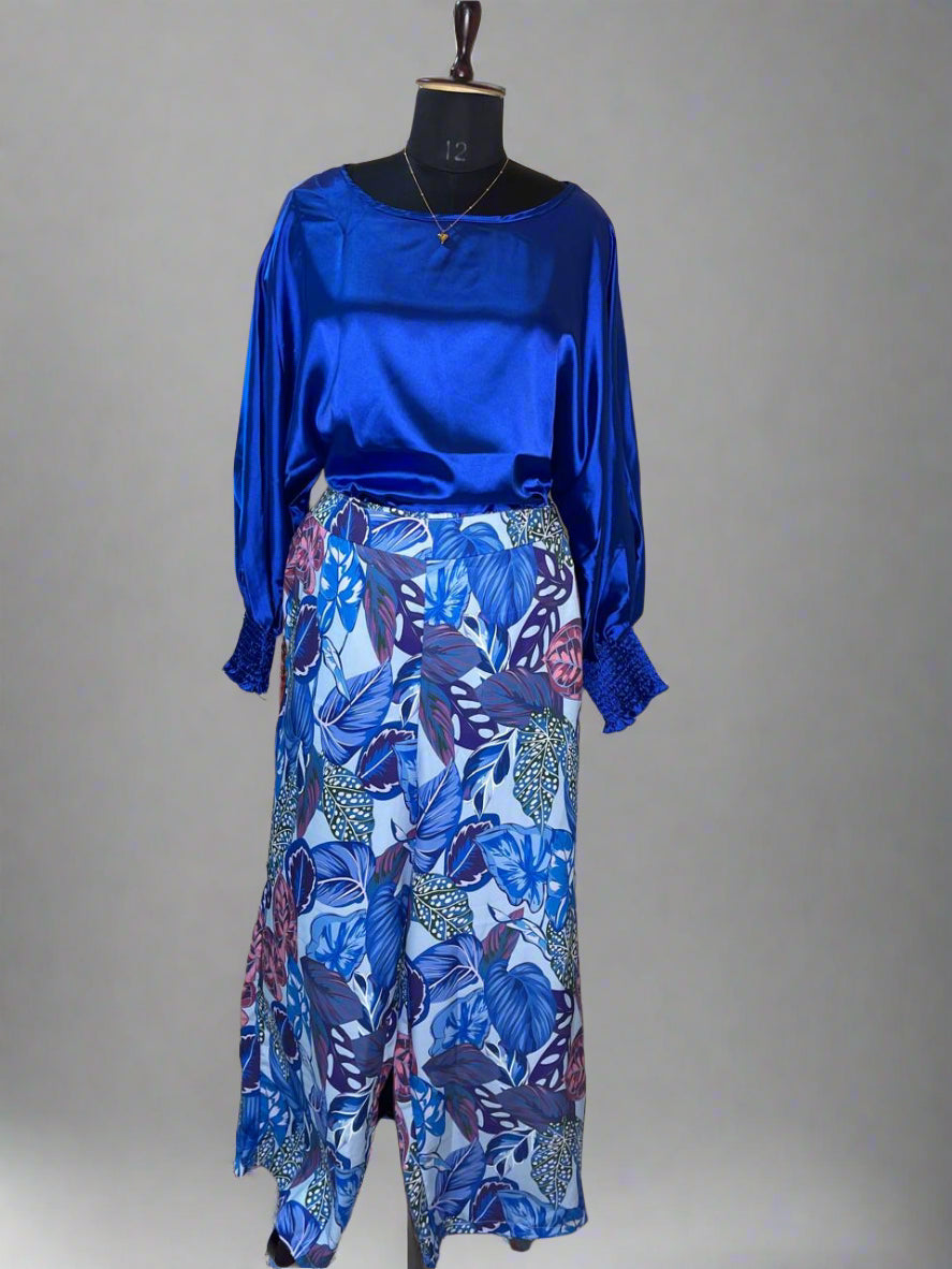Blue Satin Printed Cordset