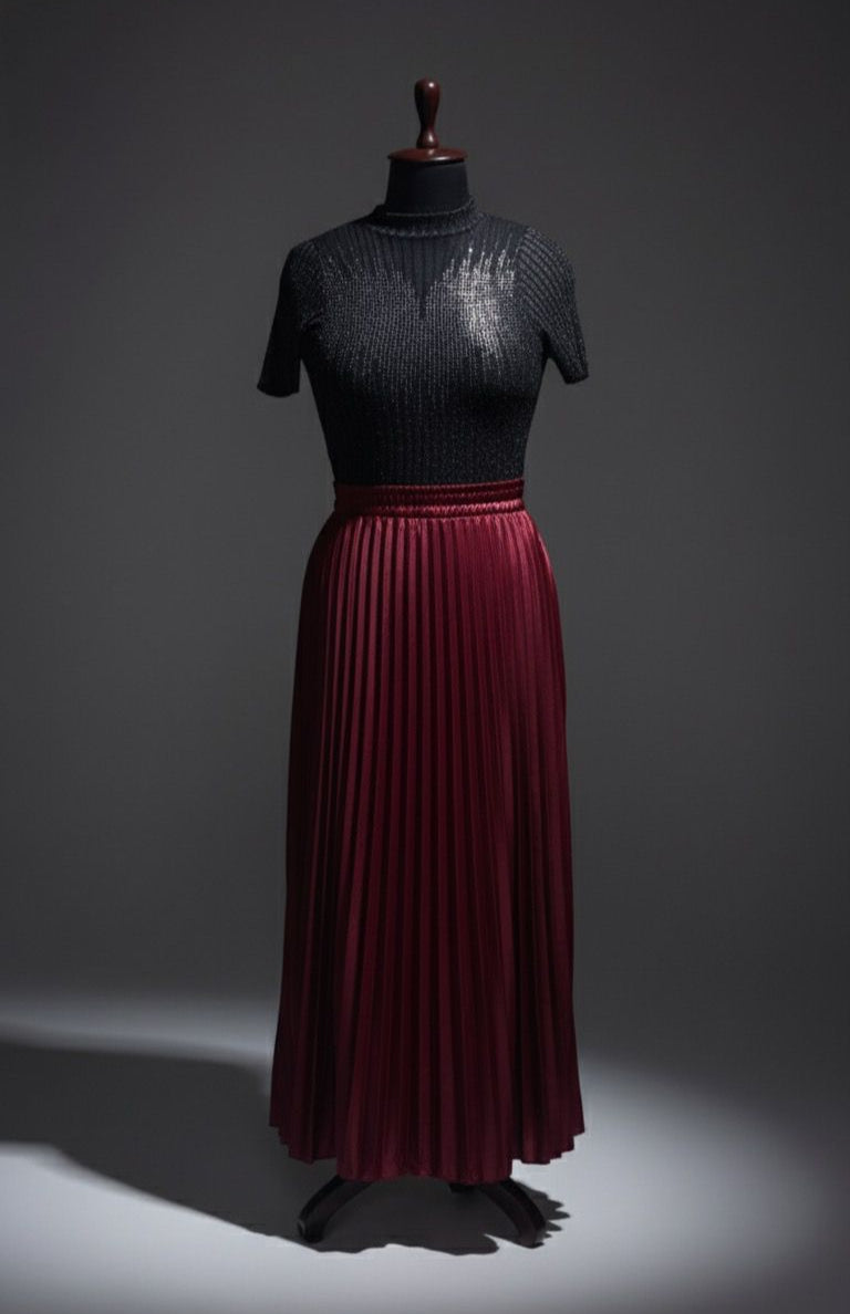 Maroon Satin Pleated Skirt
