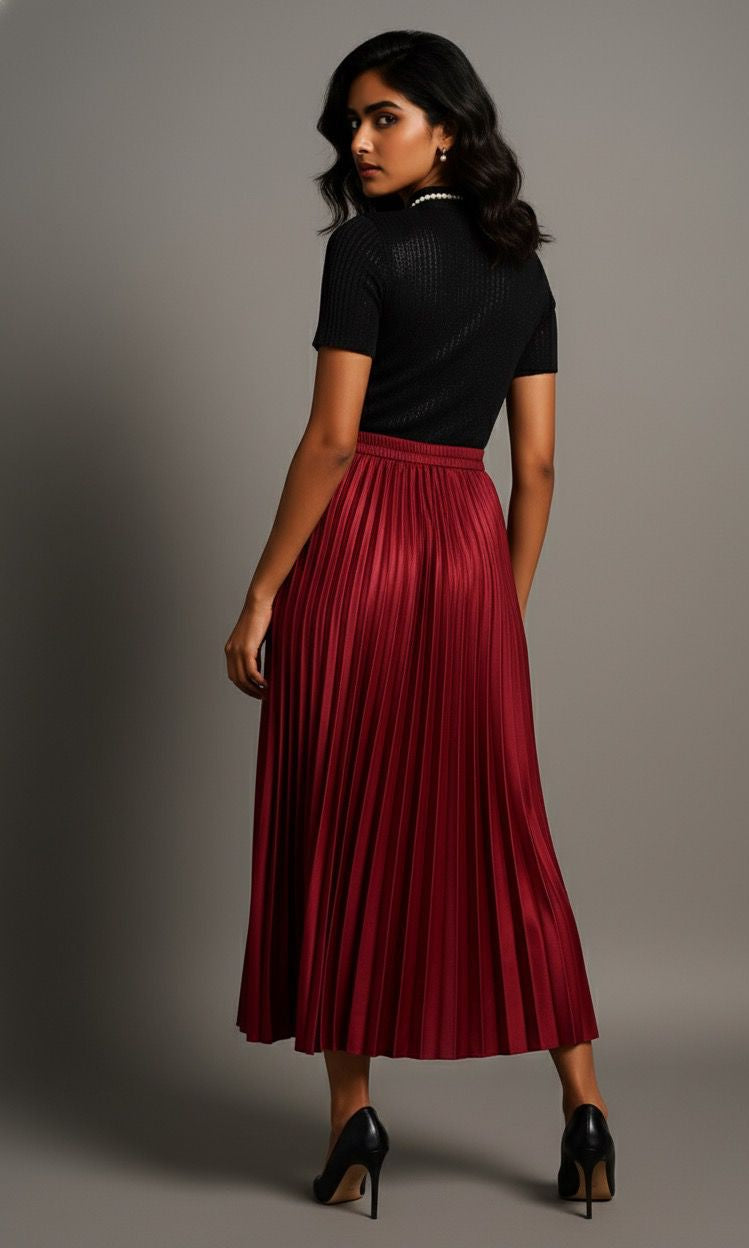 Maroon Satin Pleated Skirt