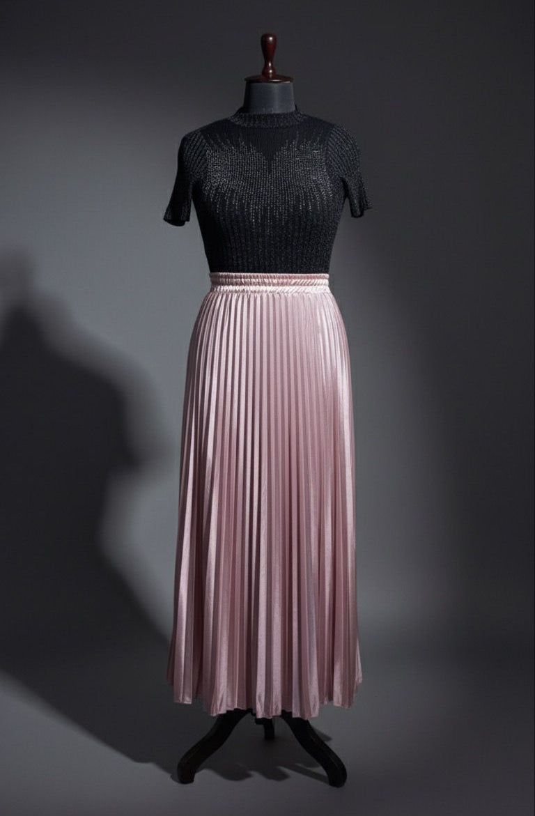 Pink Satin Pleated Skirt