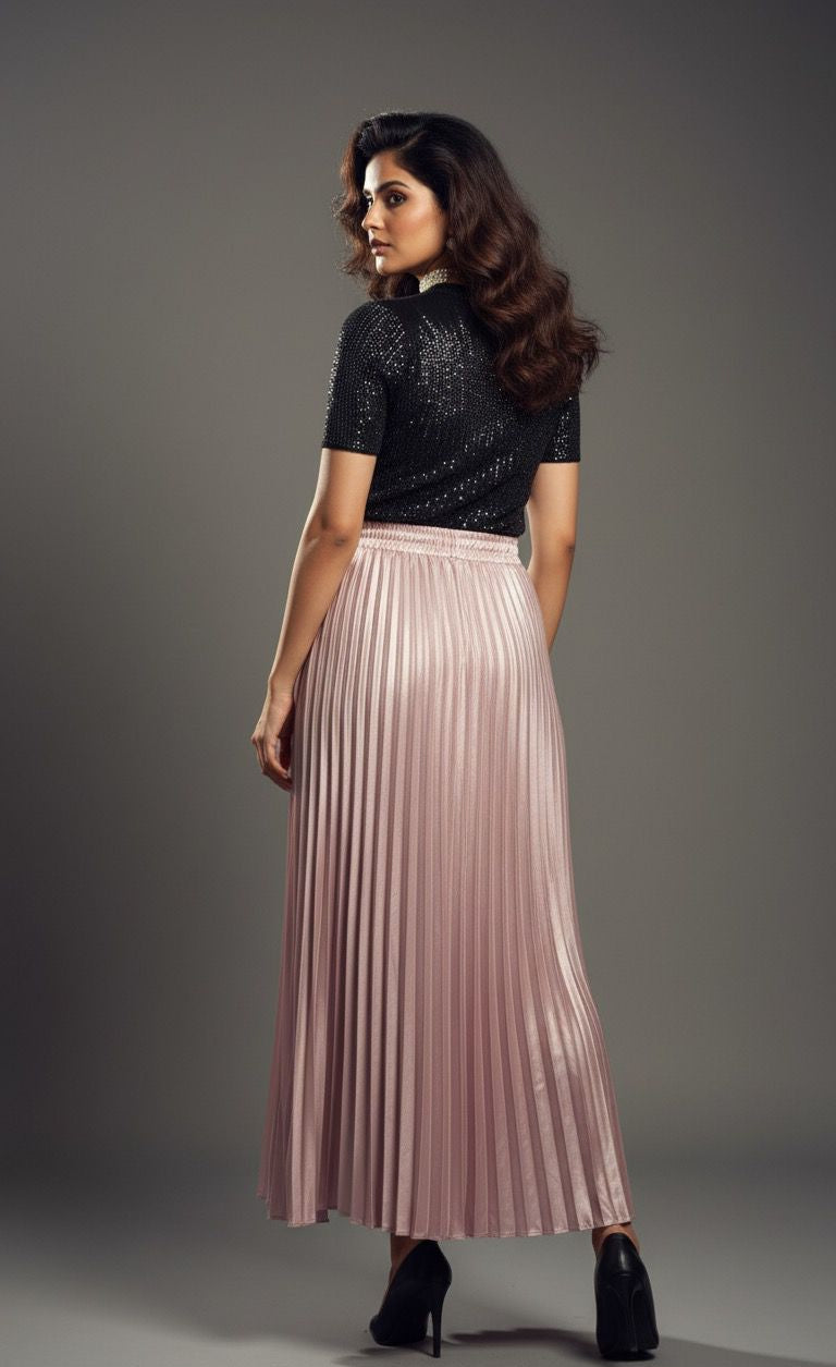 Pink Satin Pleated Skirt