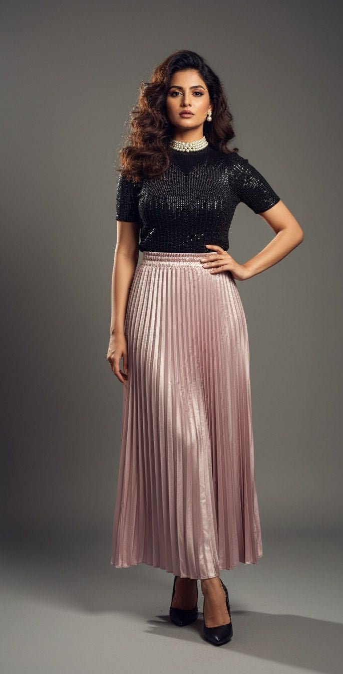 Pink Satin Pleated Skirt