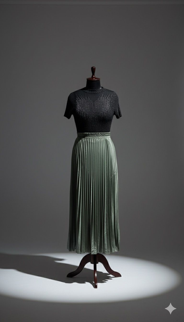 Green Satin Pleated Skirt
