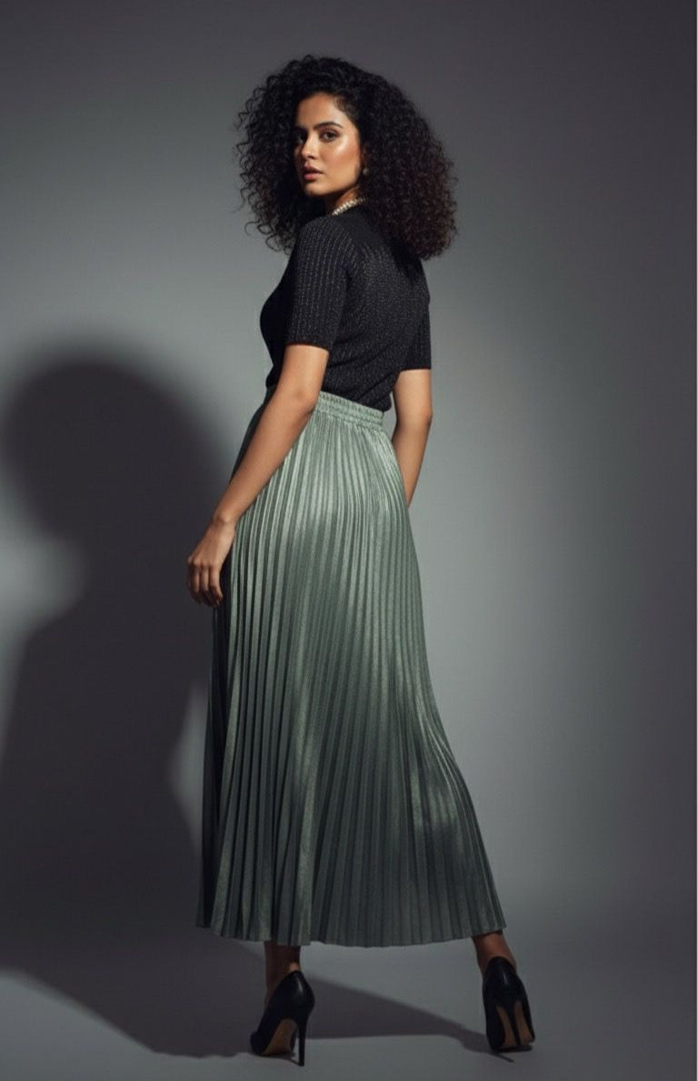 Green Satin Pleated Skirt