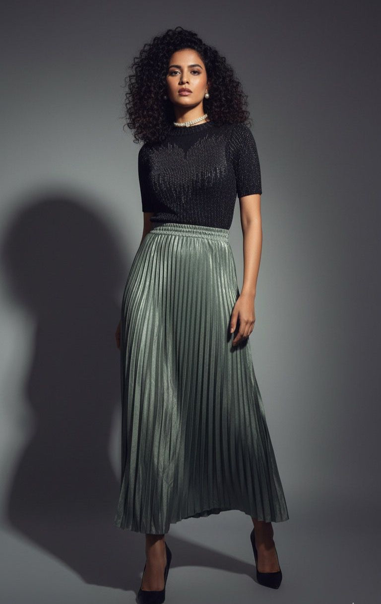 Green Satin Pleated Skirt