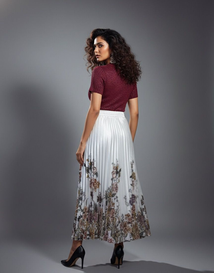 White Printed Pleated Satin Skirt