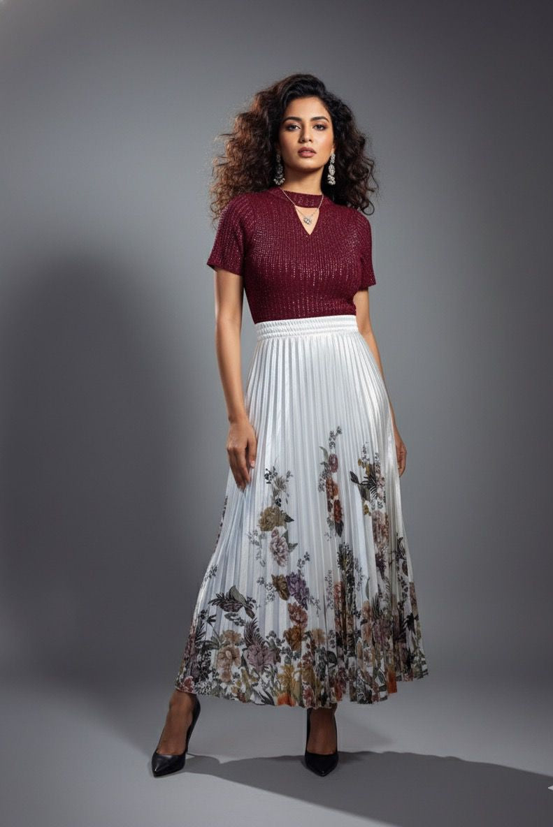 White Printed Pleated Satin Skirt