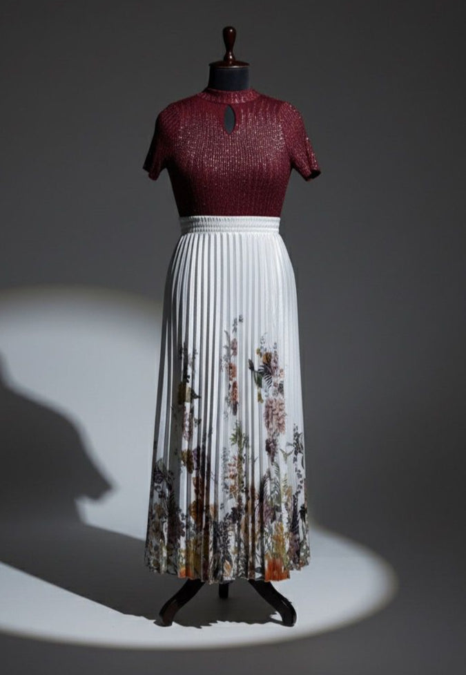 White Printed Pleated Satin Skirt
