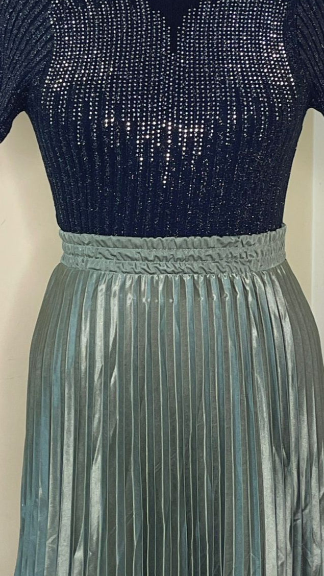 Green Satin Pleated Skirt