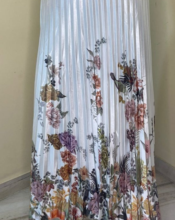 White Printed Pleated Satin Skirt