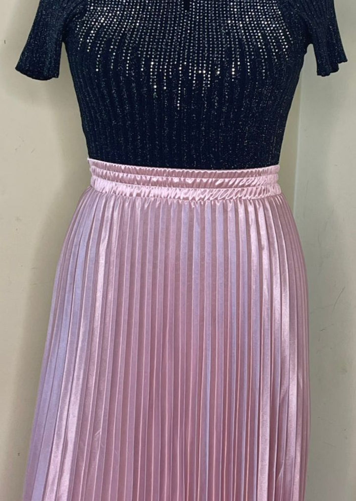 Pink Satin Pleated Skirt