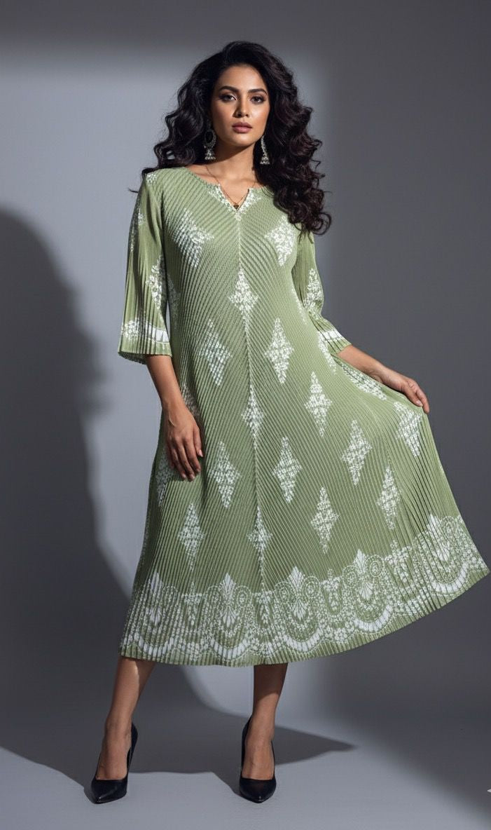 Sage Green Print Korean Dress