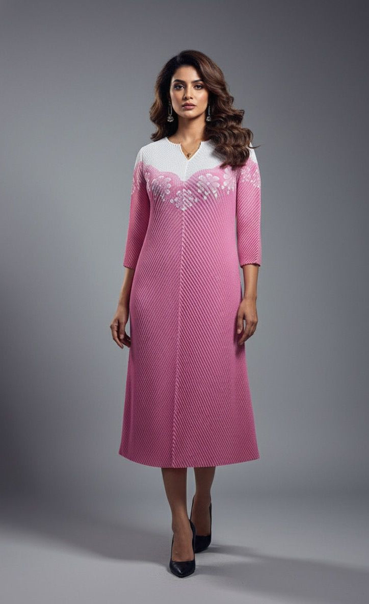 Pink White Print Korean Dress