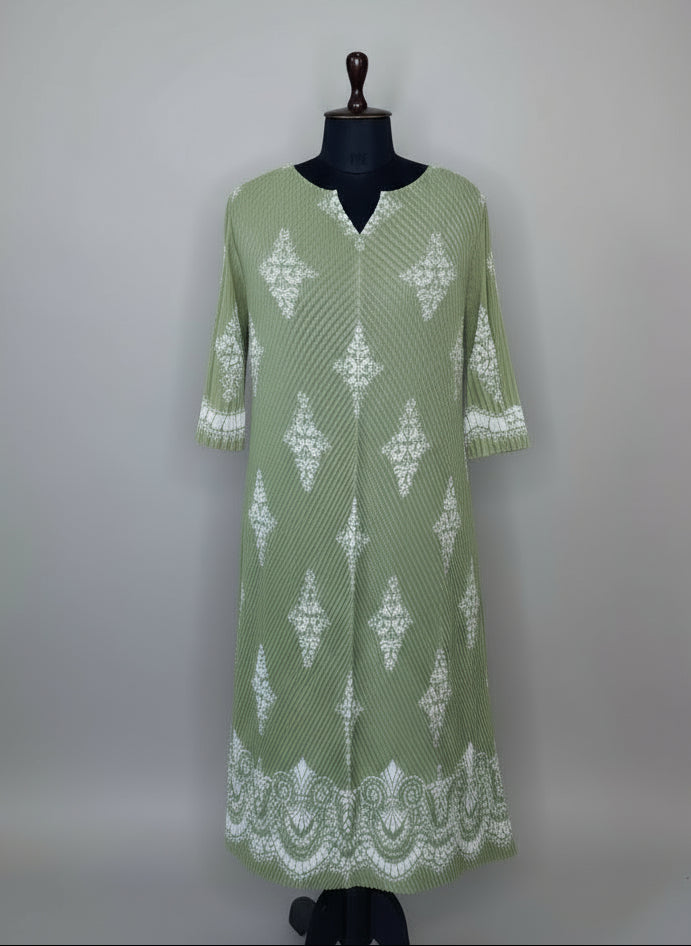Sage Green Print Korean Dress