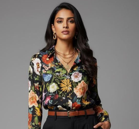 Black Floral Satin Shirt