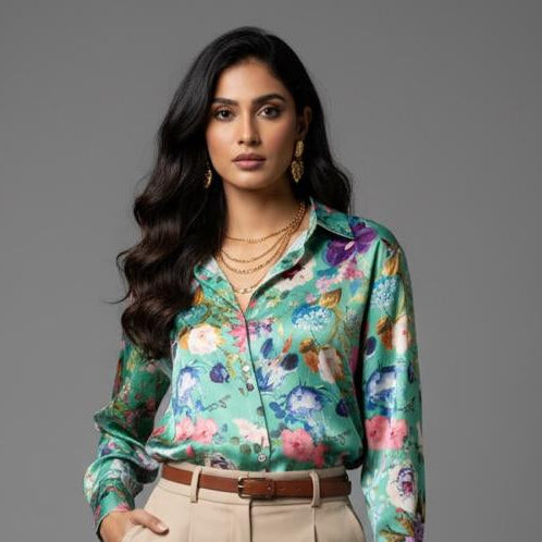 Green Floral Satin Shirt