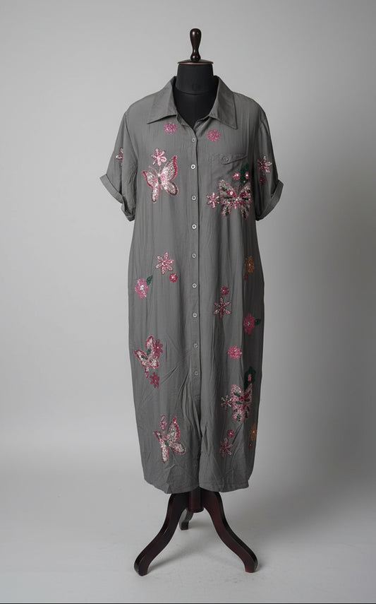 Olive Green Sequins Shirt Dress