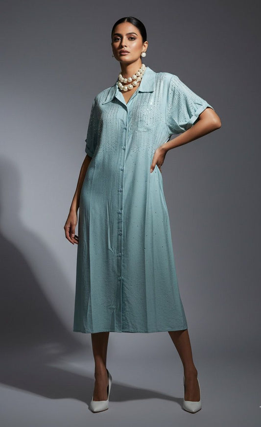 Mint Blue Sequins Shirt Dress