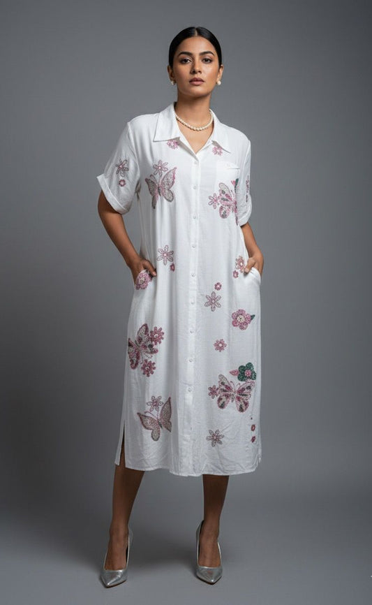 White Multi Sequins Shirt Dress