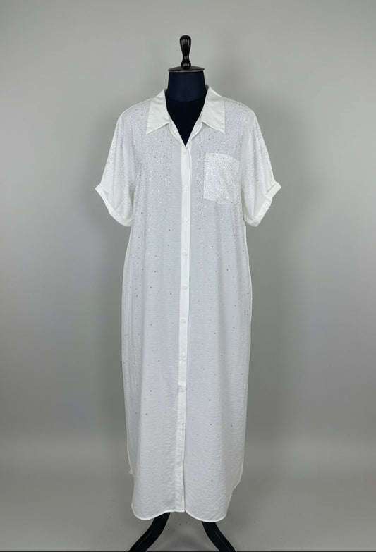 White Sequins Shirt Dress